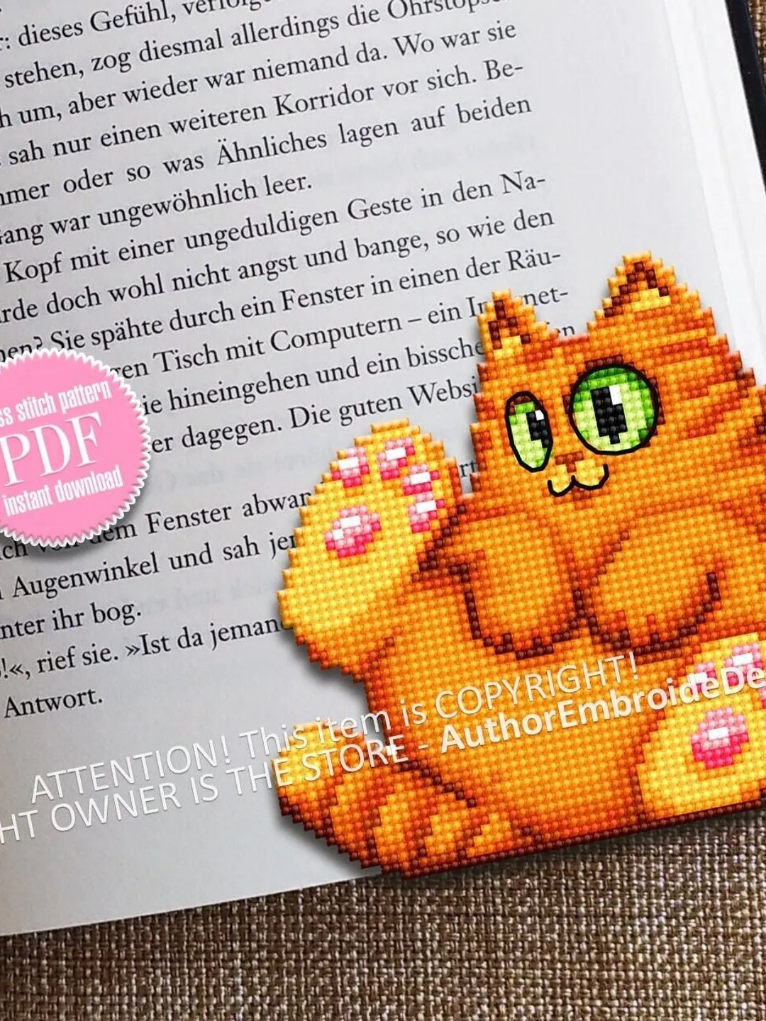 Orange cat Corner bookmark cross stitch pattern download PDF Cat cross stitch chart, Cat bookmark digital pattern PDF, Cat lover gift #B266