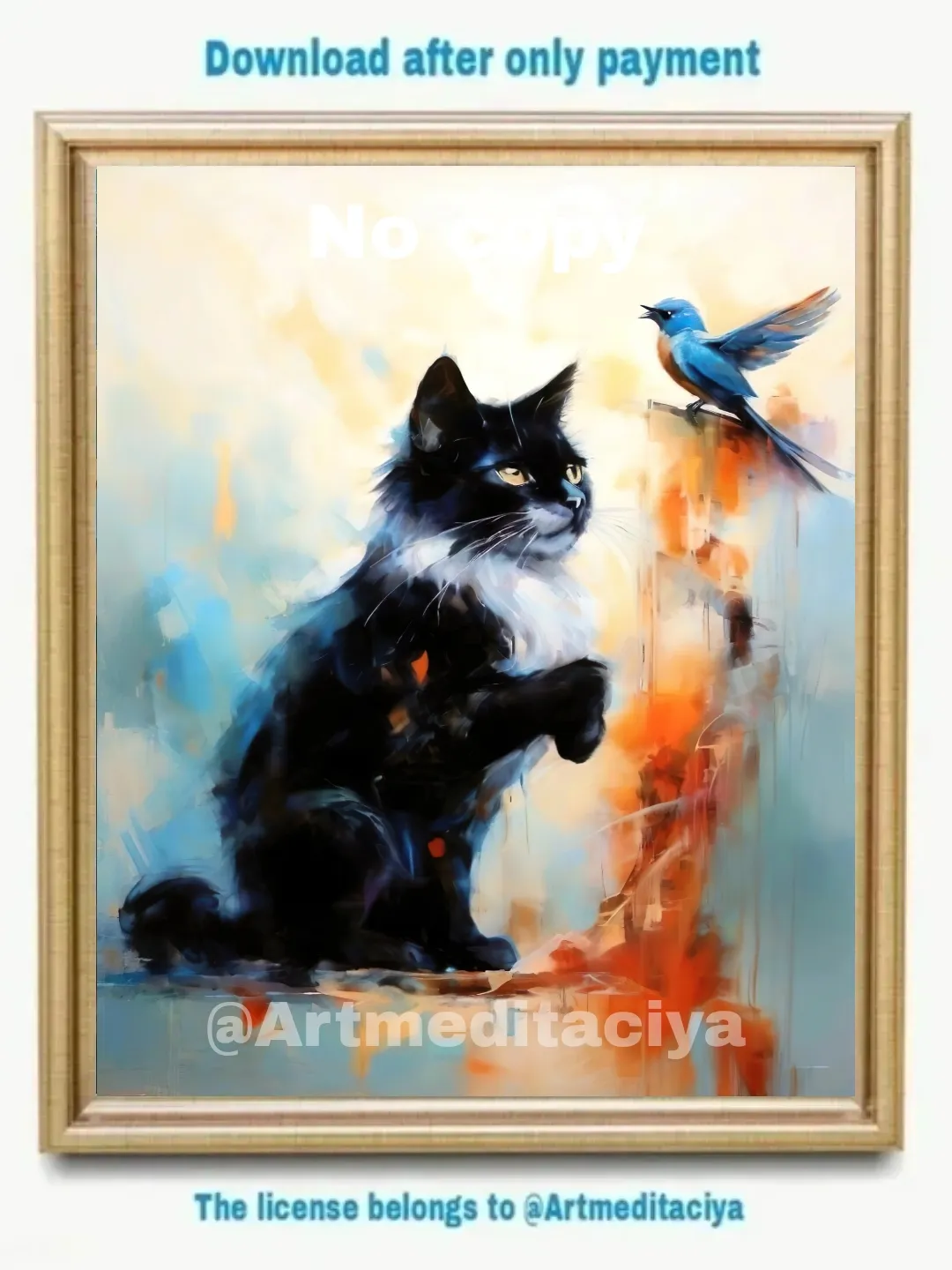 Digital modern painting "Black cat with yellow eyes with a white breast" on an abstract orange-yellow-white-blue background in the style of oil painting with a palette knife