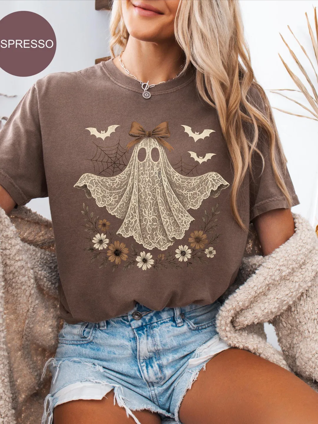 Comfort Colors® Cute Ghost Shirt, Halloween Lace Ghost Shirt, Halloween Ghost Tshirt, Cute Halloween Women outfit, Spooky Season Lace Ghost