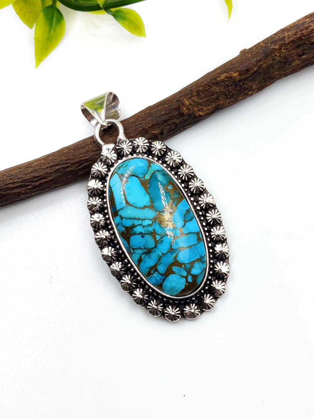 Natural Copper Turquoise Cabochon Pendant Sterling Silver Pendant Jewelry