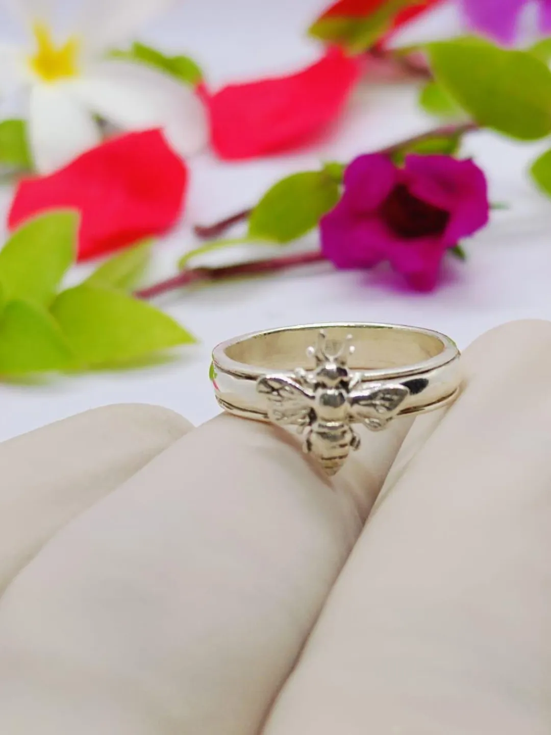 Insect Stacked Rings Sterling Silver Bee Ring: Handmade Dainty Nature Jewelry