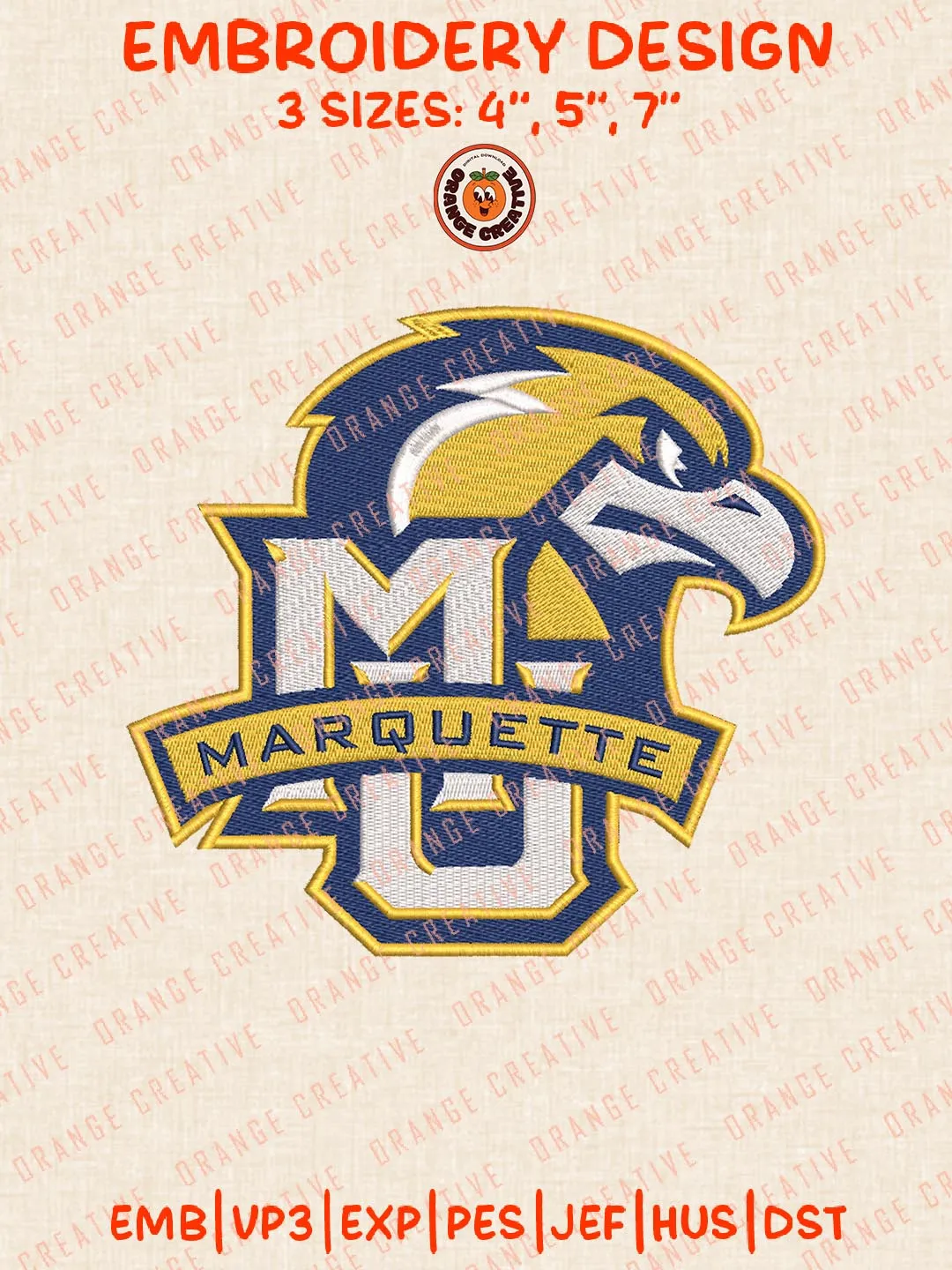 NCAA MU Marquette Embroidery Design, NCAA Marquette Golden Eagles Team Logo Embroidery Design, Machine Embroidery Design File, 4 Sizes, Custom Size, Digital Download