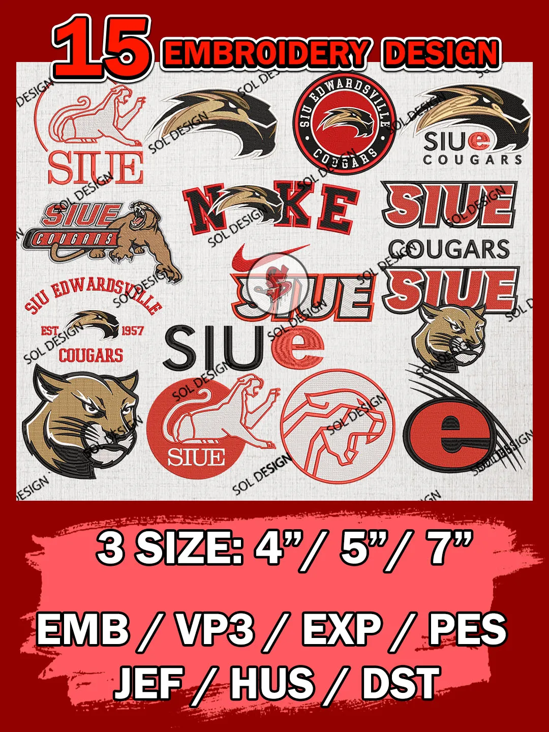 15 NCAA SIU Edwardsville Cougars Bundle Embroidery Files, NCAA SIU Edwardsville Cougars Team Bundle Embroidery Designs, NCAA Teams, National College Football Team 3 sizes, NCAA SIU Edwardsville Machine Embroidery, Digital Download