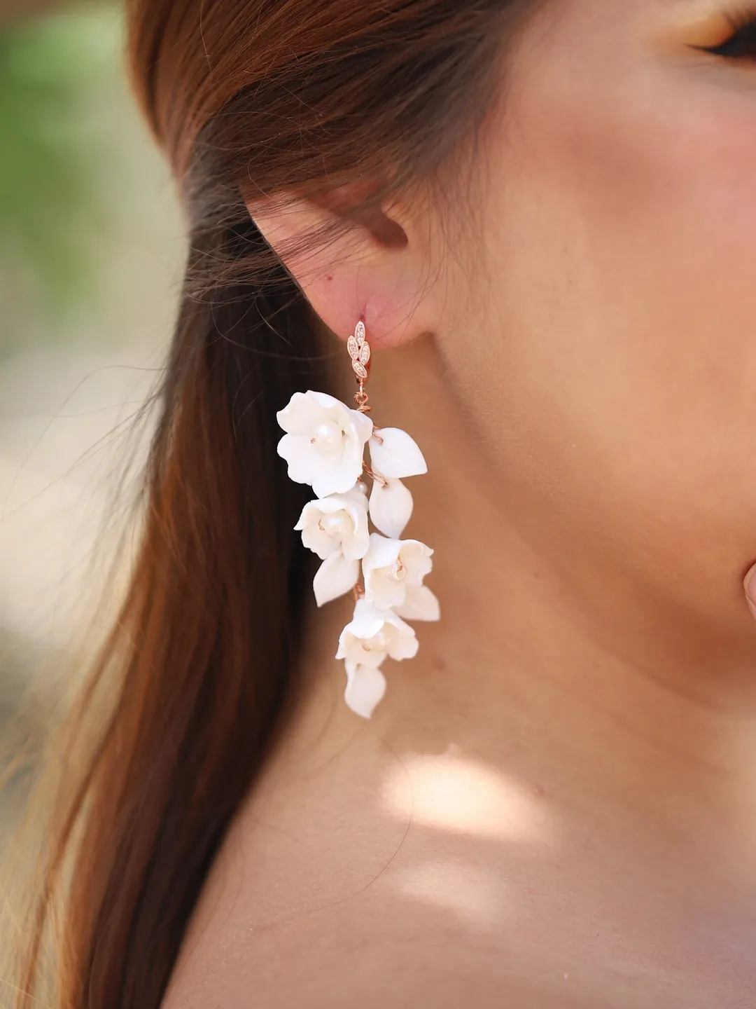 Delicate Porcelain Flower and Leaf Wedding Earrings, Boho Bridal Earrings, Rose Gold Statement Earrings, Floral Chandelier Earrings, Jewelry
