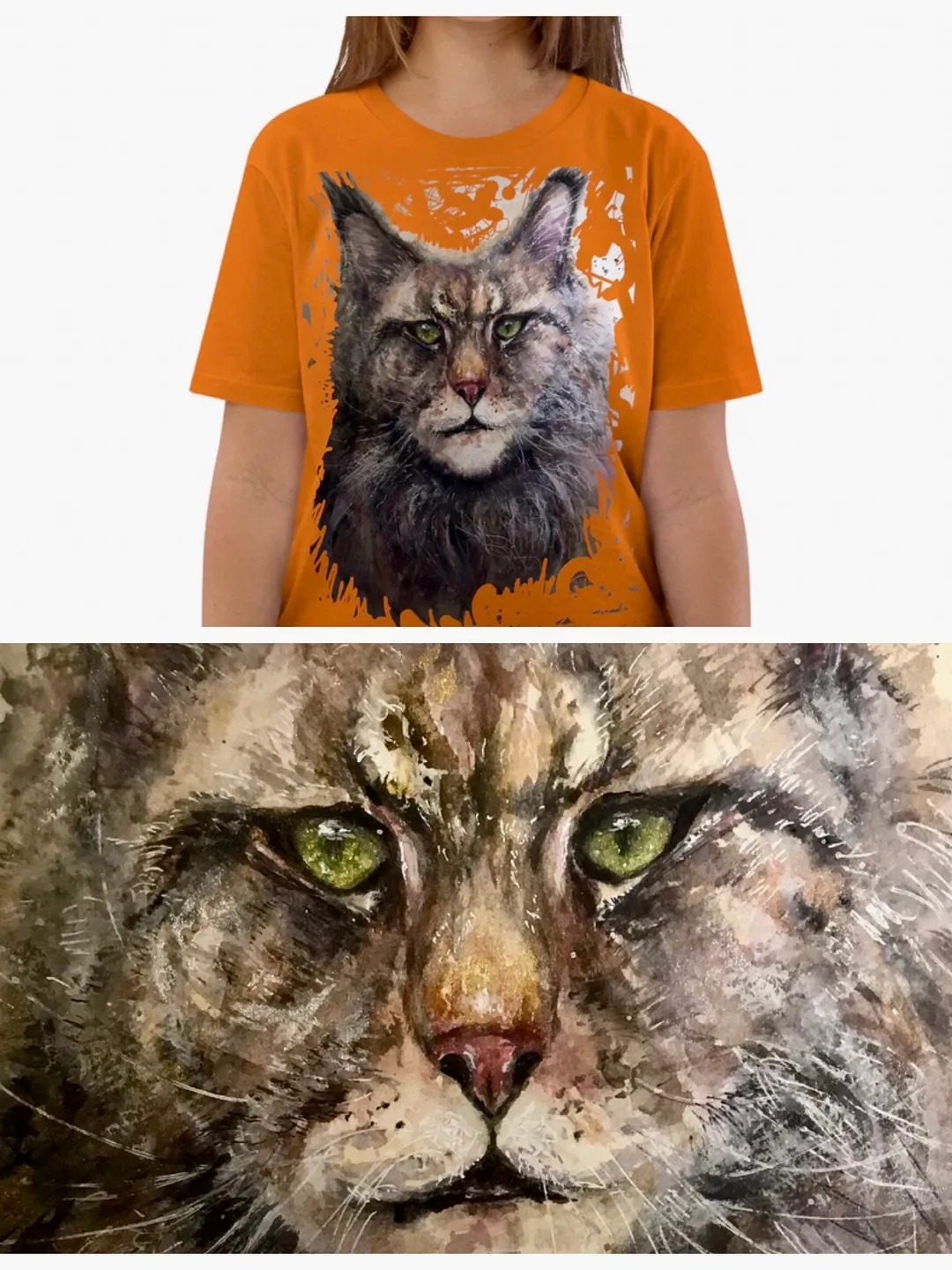 MeineCoon Unisex organic cotton t-shirt made with my original design watercolor meine coon cat painting artistic t shirts,unique design.