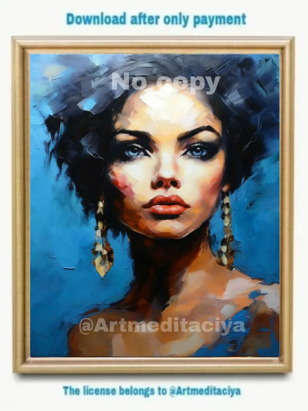 Digital abstract texture painting "Girl" in the style of palette knife oil painting on an abstract blue-blue background. It is a concise image of a beautiful brunette of European appearance with blue expressive eyes with abstract large gold earrings