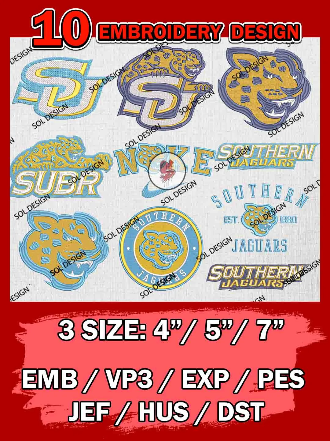 10 NCAA Southern Jaguars Bundle Embroidery Files, NCAA Southern Jaguars Team Bundle Embroidery Designs, NCAA Teams, National College Football Team 3 sizes, NCAA Southern Jaguars Machine Embroidery, Digital Download