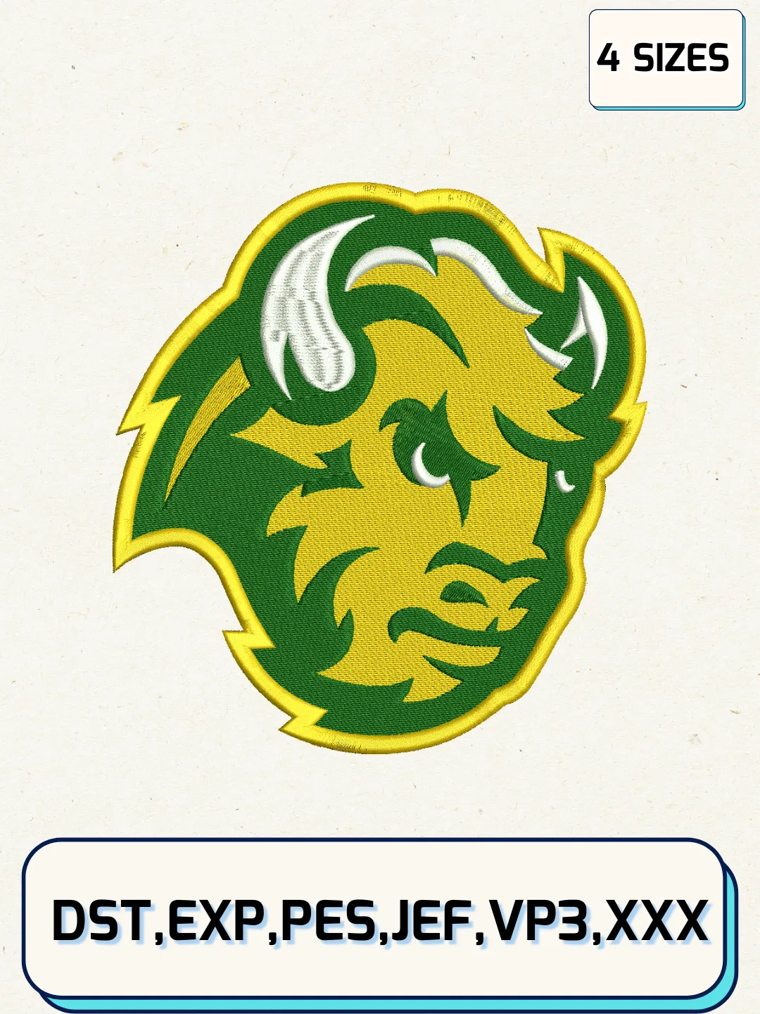 North Dakota State Bison Mascot Embroidery Design Files, NCAA Logos Embroidery Designs, Machine Embroidery Files, 4 Sizes