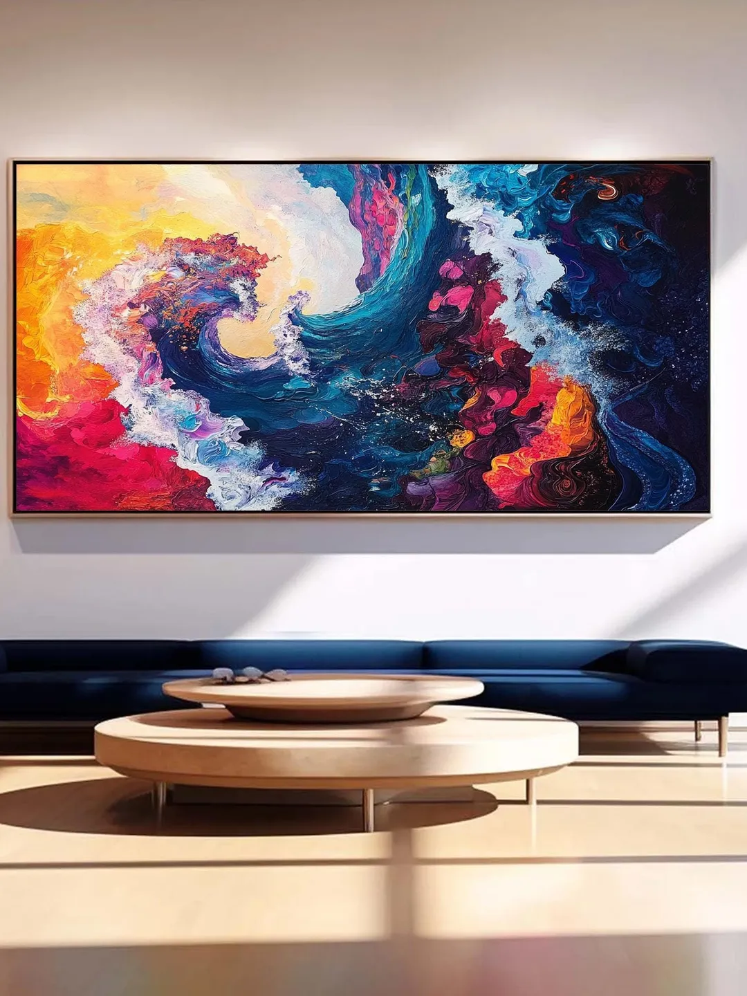 Original Hand-Painted Abstract Oil Painting on Canvas | Colorful Ocean Wave Art | Stunning Red, Blue, Yellow Decor for Living Room or Office