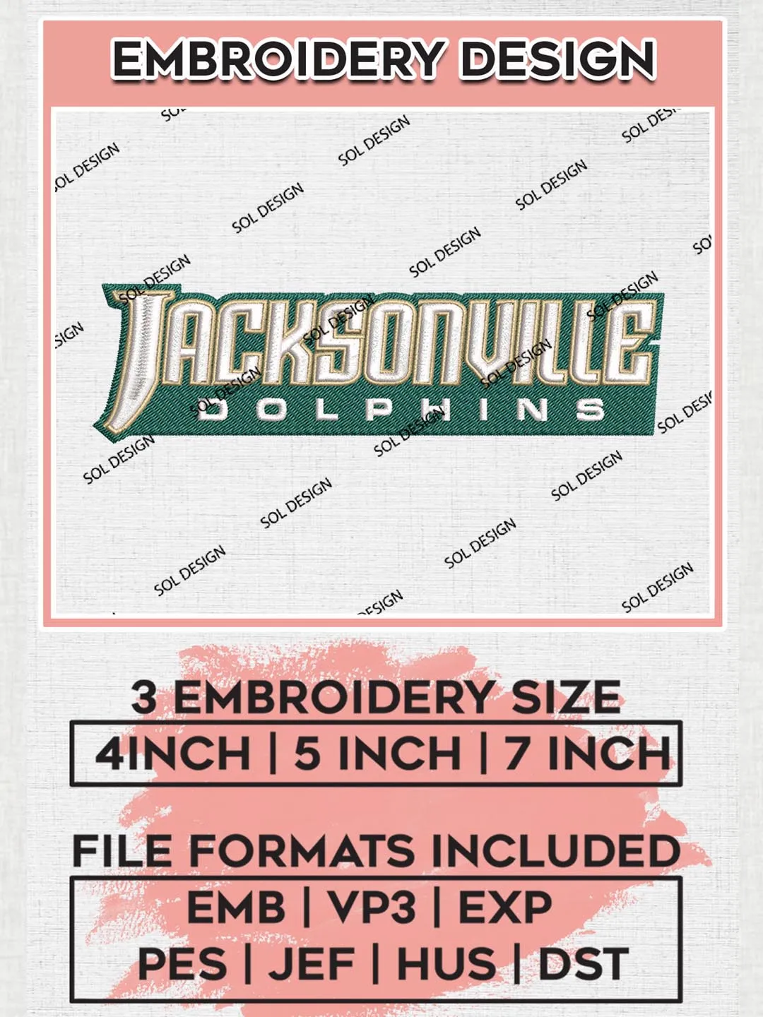 NCAA Jacksonville Dolphins Team Word Logo Embroidery Design Files, NCAA Jacksonville Dolphins Machine Embroidery, NCAA Teams, 3 sizes, NCAA Machine embroidery designs, Digital Download