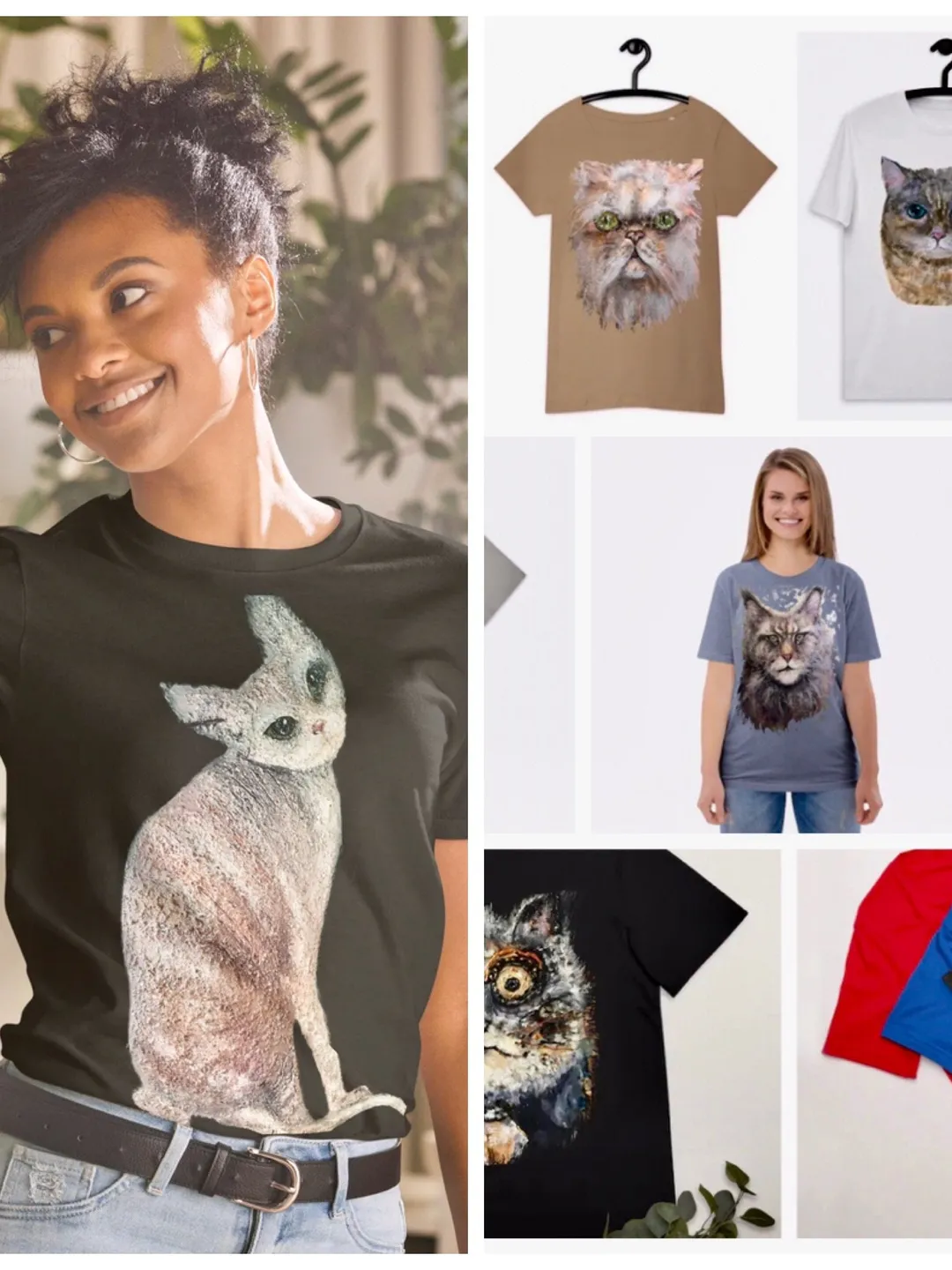 Mystery Cat Short-Sleeve Unisex T-Shirt made with my original mix media artwork,unique handmade cat t shirts,cat lovers wearable gifts.