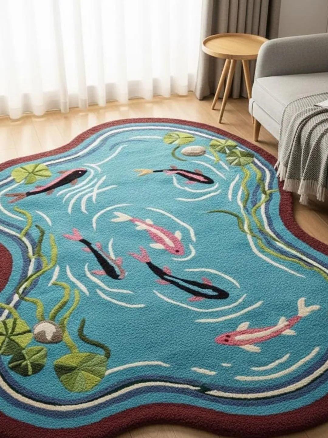Serene Koi Fish Water Garden Rug Handmade Style Area Rug for Cozy Spaces.