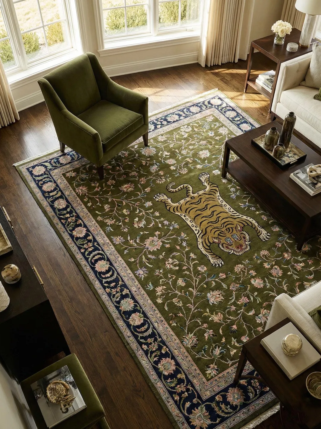 Hand Knotted Persian Style Green Area Rug with Deer Floral Border