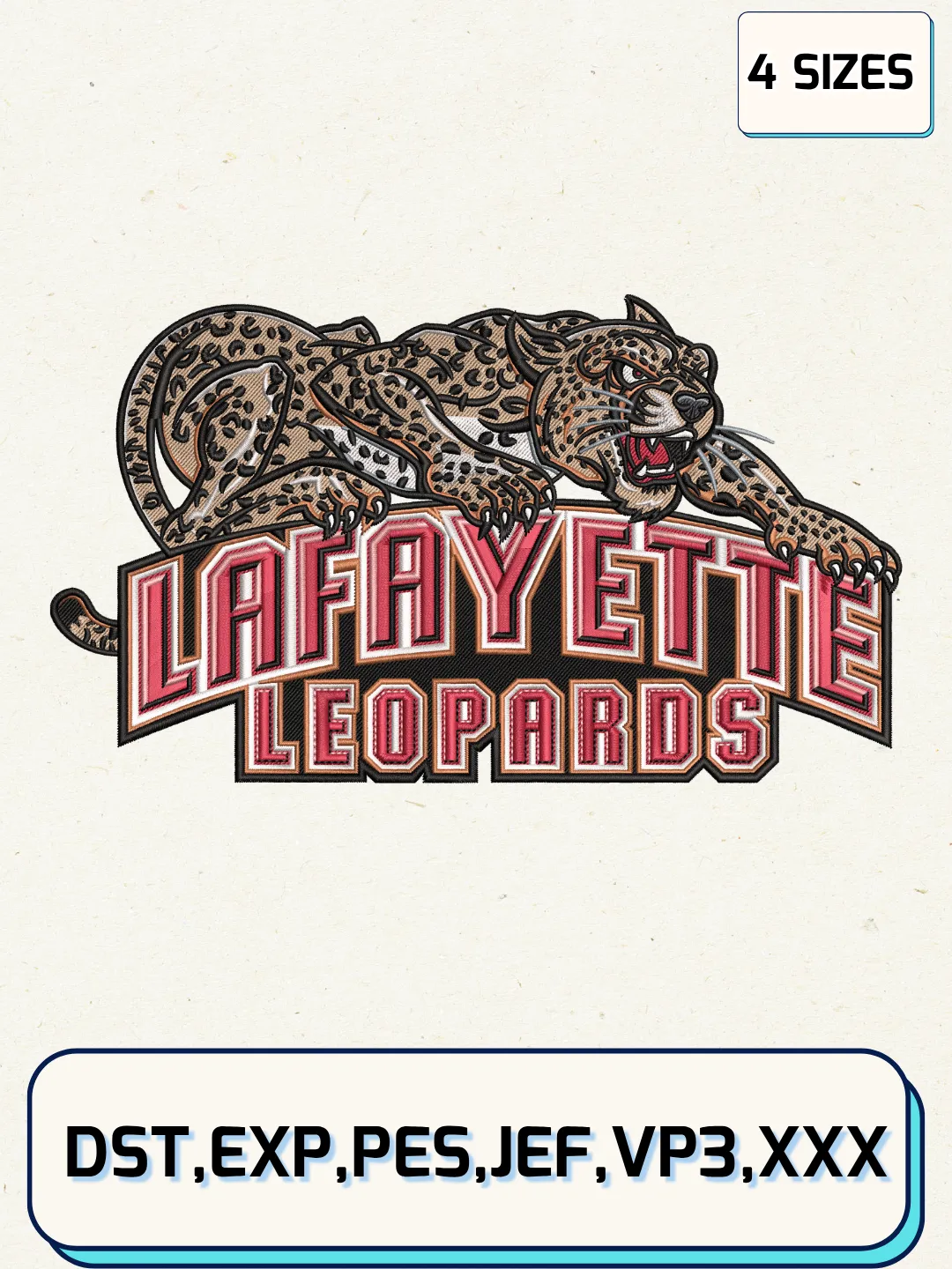 Lafayette Leopards Logos Embroidery Design Files, NCAA Logos Embroidery Designs, Machine Embroidery Files, 4 Sizes