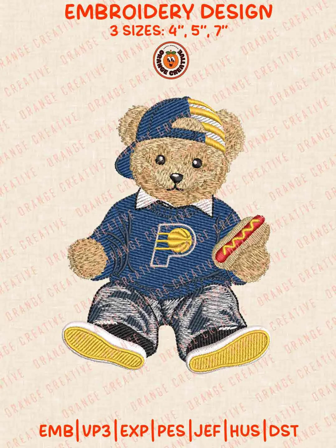 Indiana Pacers NBA Team x Cute Teddy Bear Hot Dog Embroidery Files, Vintage Teddy Bear Sport Embroidery Designs, NBA Pacers Embroidery, Basketball League, Digital Download