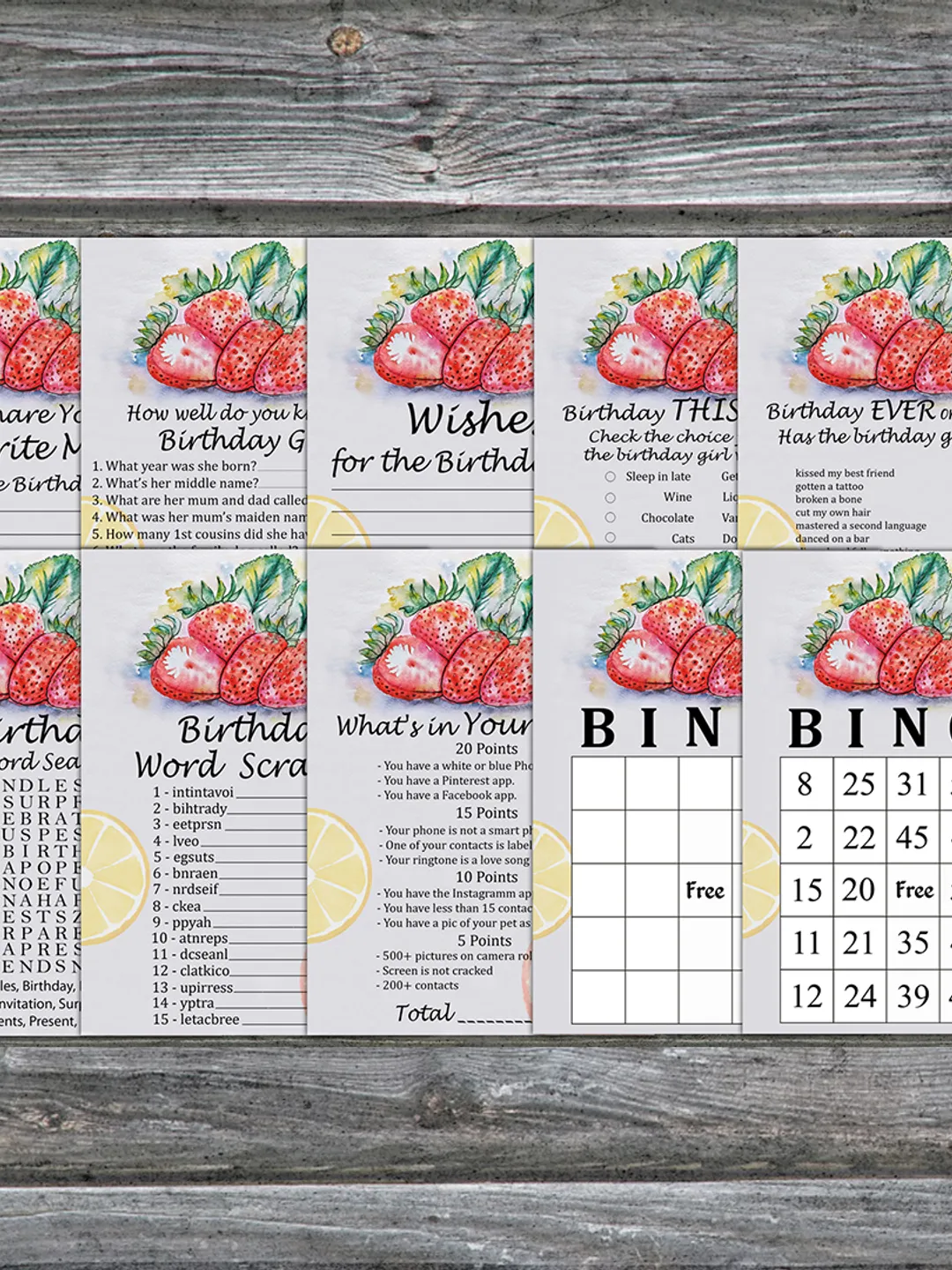 Strawberry Birthday Party Games bundle,Adult birthday games package,Printable Birthday Games,INSTANT DOWNLOAD