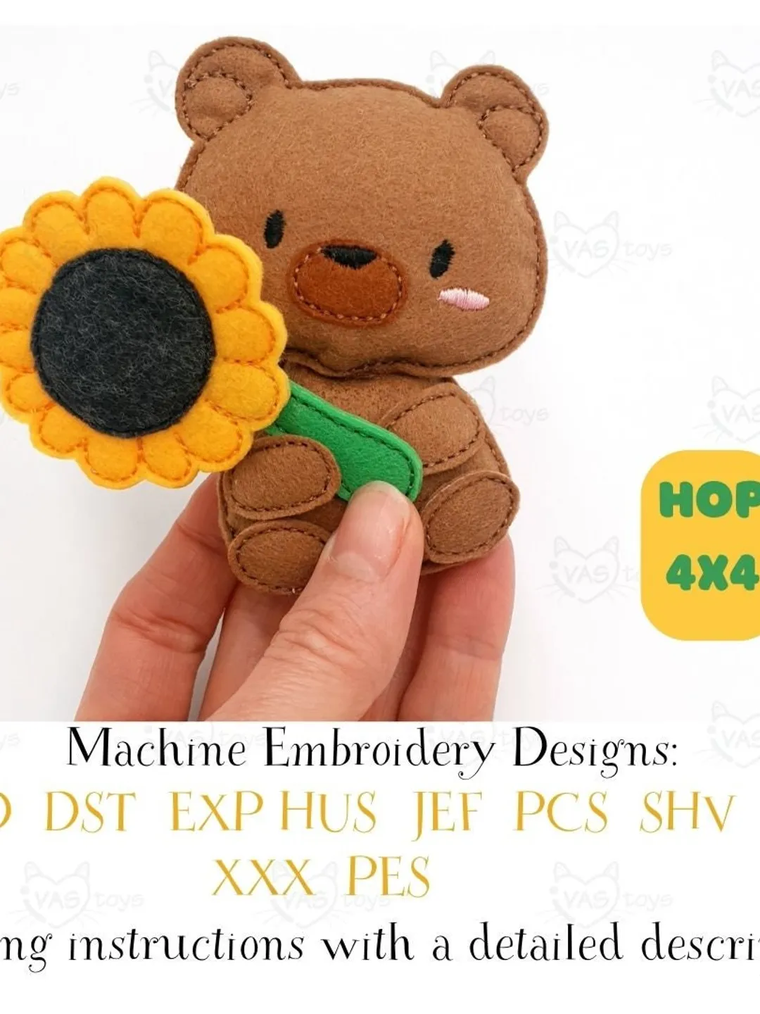 ITH Bear with Sunflower Embroidery Design, Felt Stuffed Animal Teddy & Flower Toy Pattern, 4x4 Hoop Digital File