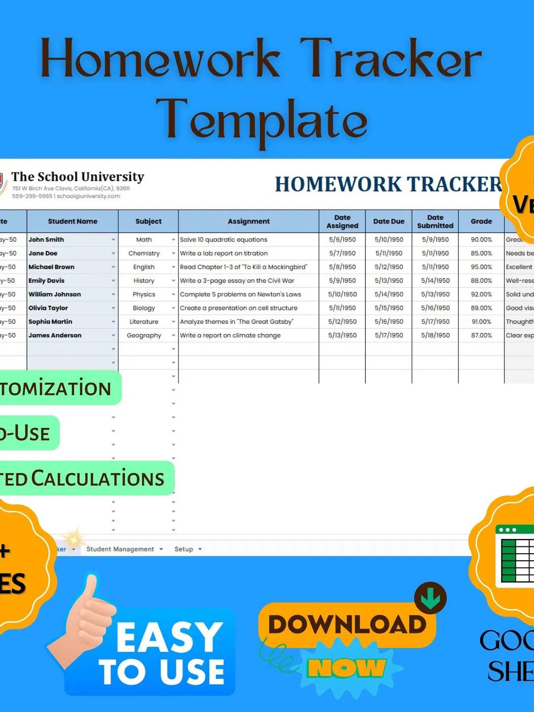 Homework Tracker Template, Editable Google Sheets Digital Download ...