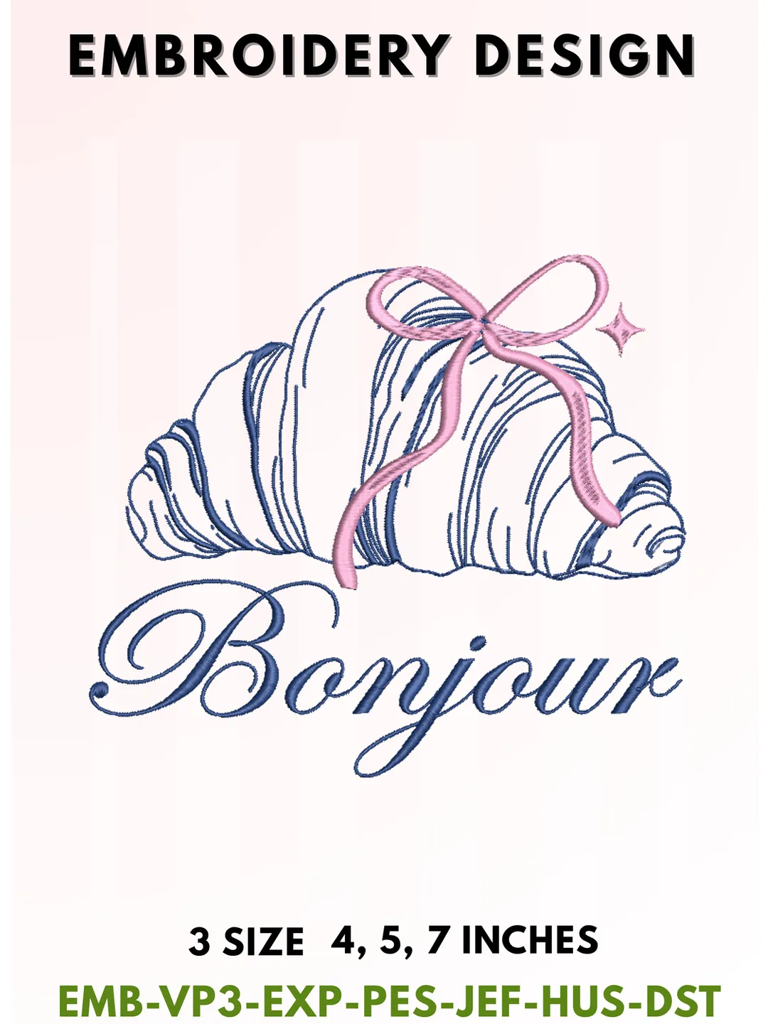 Bonjour Croissant Embroidery, Aesthetic French Bakery Typography, Cute Pink Coquette Ribbon Bow Pastry Design, Parisian Cafe Lover Art, 3 Sizes
