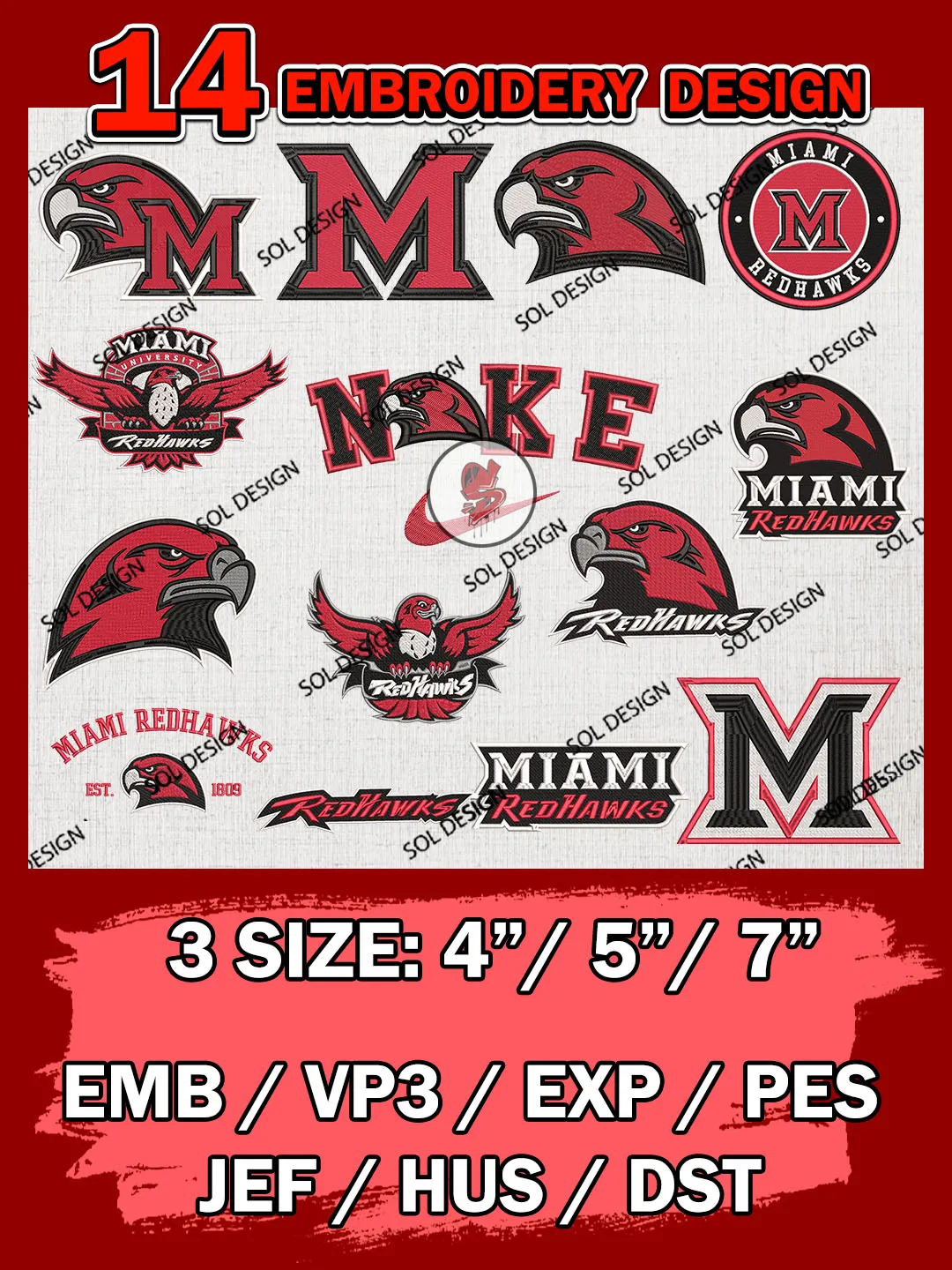 14 NCAA Miami OH RedHawks Bundle Embroidery Files, NCAA Miami OH RedHawks Team Bundle Embroidery Designs, NCAA Teams, National College Football Team 3 sizes, NCAA Miami OH  Machine Embroidery, Digital Download