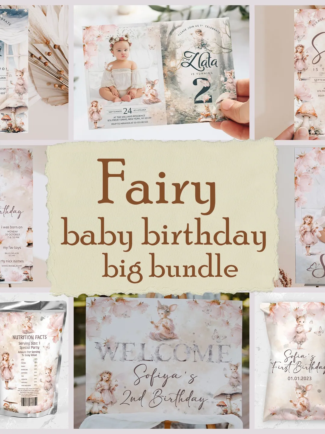 DIY Fairy Girl Magical Birthday Bundle; Editable 1st Birthday Party Template Enchanted Birthday Party Cute Magical Pixie Birthday Party fa12