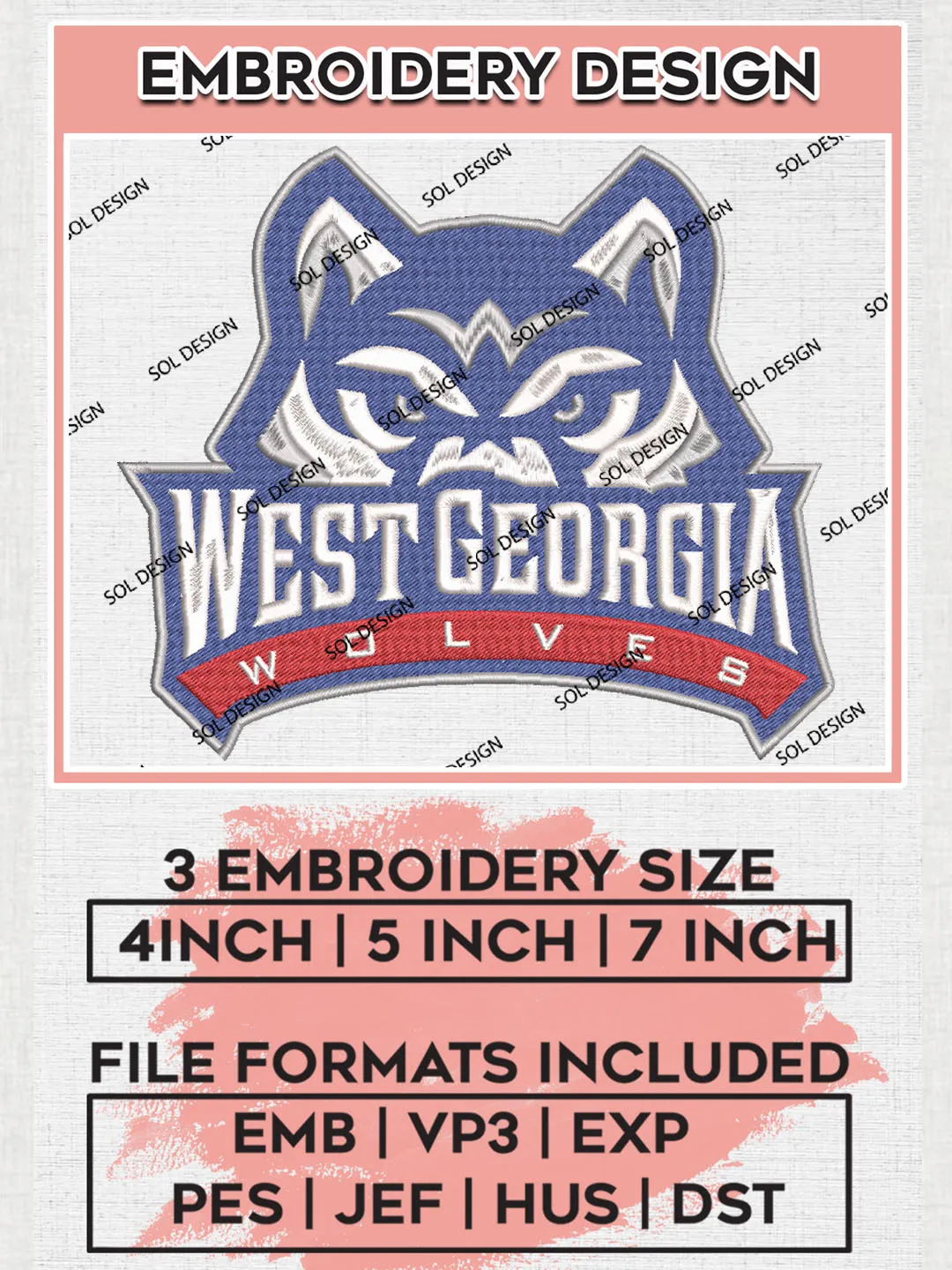 West Georgia Wolves Football Team Logo Embroidery Design Files, NCAA West Georgia Wolves Machine Embroidery, NCAA Teams, 3 sizes, NCAA Machine embroidery designs, Digital Download