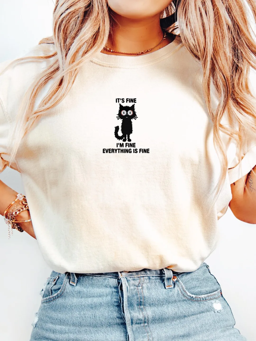 It's Fine I'm Fine Everything Is Fine Shirt, comfort color shirts embroidered, Cute Black Cat Tee, Funny Cat Tee, Funny Gift Cat Lover