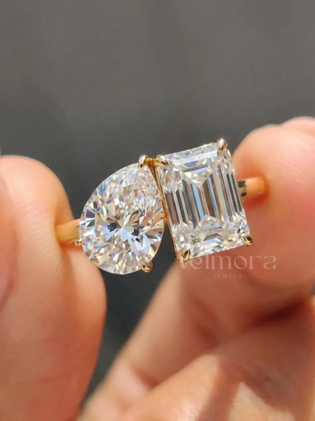Toi et Moi Engagement Ring, Pear and Emerald Cut Moissanite Bridal Ring