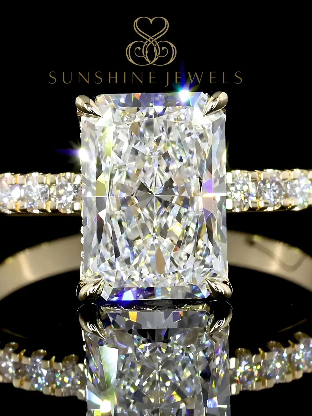 3 Ct Radiant Cut Lab Grown Diamond Engagement Ring, 14Kt Gold Hidden Halo