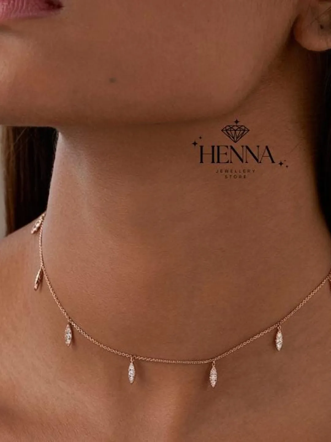 Dainty Marquise Diamond Drop Choker Necklace in Rose Gold | Gift for Her