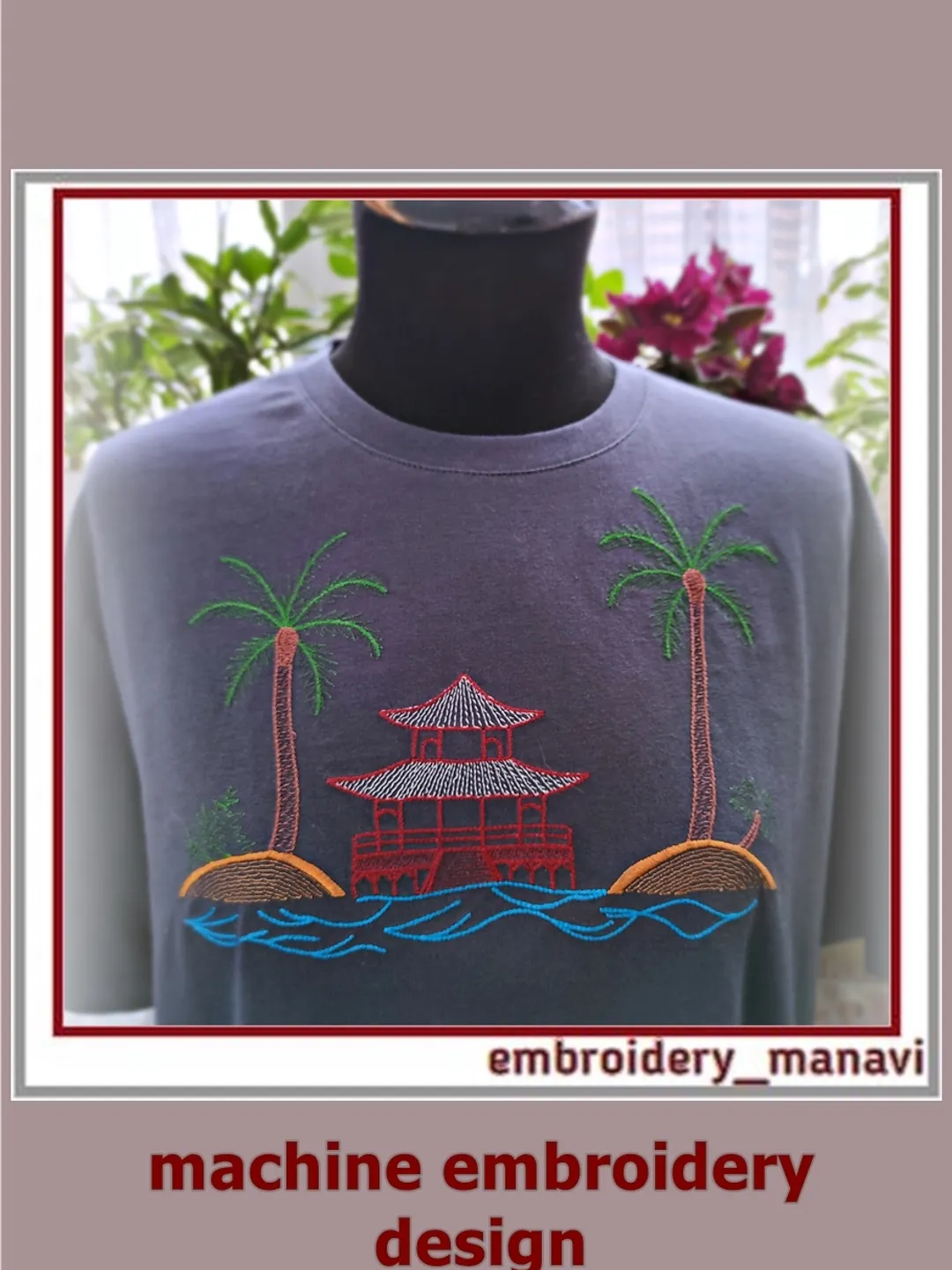 Machine embroidery design The palm trees, the sea and the house pattern