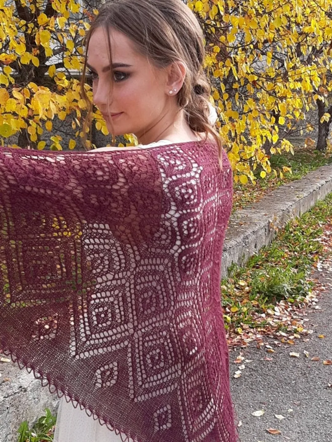 Hand knit merino wool shawl,Openwork marsala scarf for her, Crochet scarves for women,Warm woolen wrap,Birthday gift,Boho Style wrap.