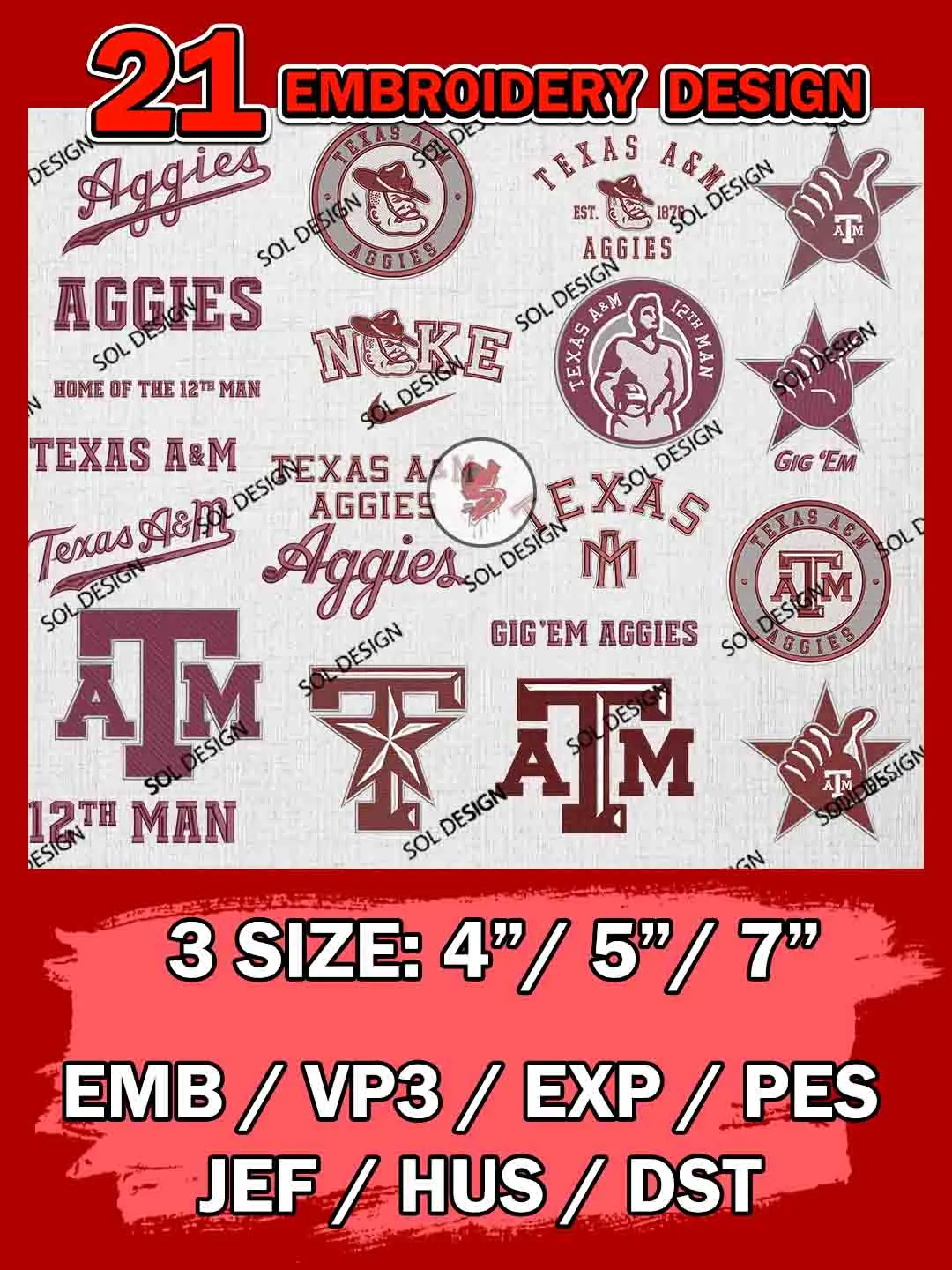 21 NCAA Texas A&M Aggies Bundle Embroidery Files, NCAA Texas A&M Aggies Team Bundle Embroidery Designs, NCAA Teams, National College Football Team 3 sizes, NCAA Texas A&M Machine Embroidery, Digital Download