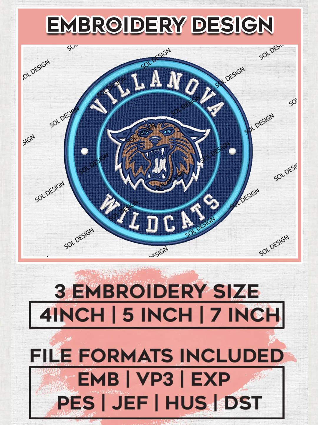 NCAA Villanova Wildcats Round Logo Embroidery, NCAA Villanova Wildcats Logo Embroidery files, NCAA Teams, Machine embroidery designs, Digital Download