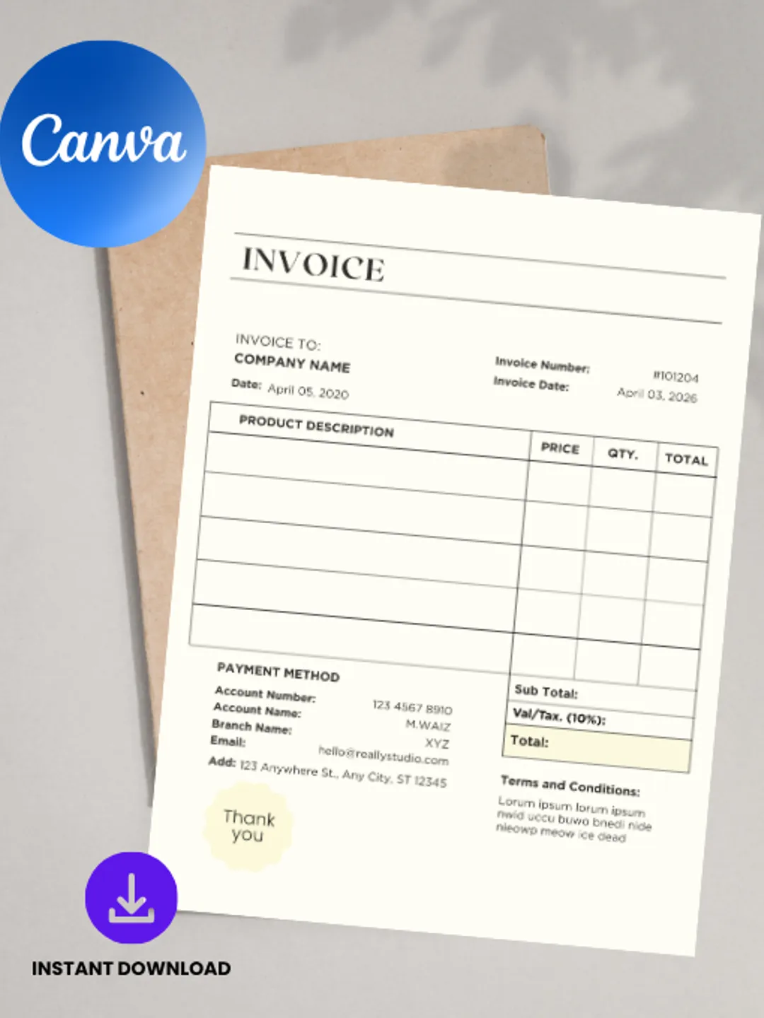 Minimalist Invoice Template | Editable Canva Invoice for Small Business ...