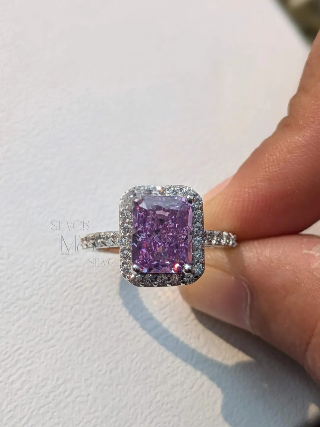 2.5Ct Purple Moissanite Radiant Cut Ice Crushed Ring, 925 Sterling Silver Engagement Ring, Promise Ring for Women, Bridal Gift