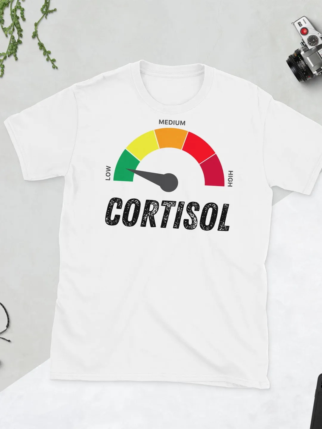 Low Cortisol Levels Graphic Tee - Funny Stress Management Gauge Shirt - Minimalist Health & Wellness T-Shirt - Relaxed Mood Item