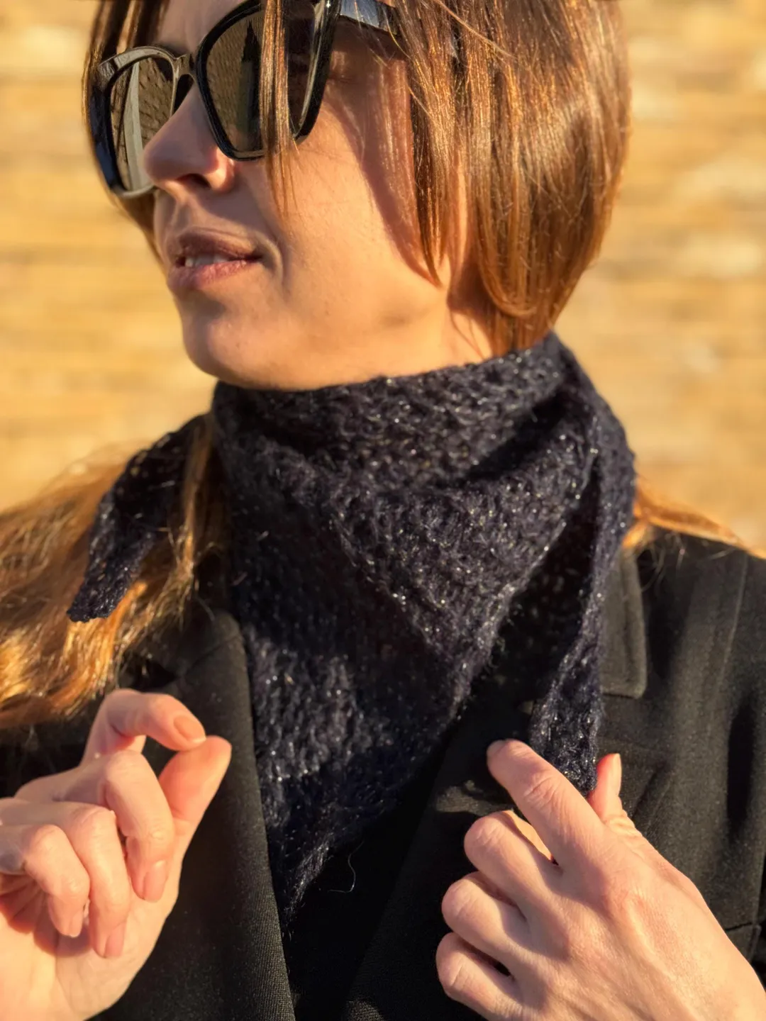 Alpaca Silk Scarflet with Sparkle, Luxury Knit Neck Tie for Women, Blue Wool Bandana, Shimmery Small Triangle Scarf, Elegant Birthday Gift
