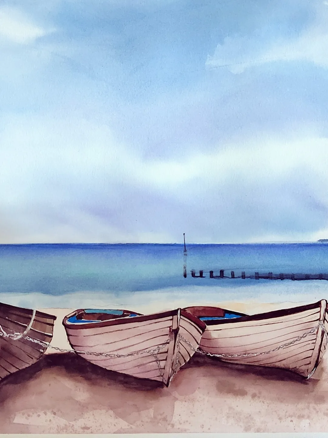 Original Watercolor Painting Sea Landscape Art Boats Artwork 30x40 cm by SoftWaves