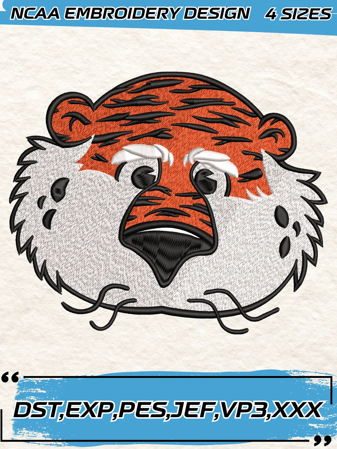 Auburn Tigers Mascot Logo Embroidery Design,NCAA Logo Embroidery Design,Machine Embroidery Design File,4 Sizes, Digital Download