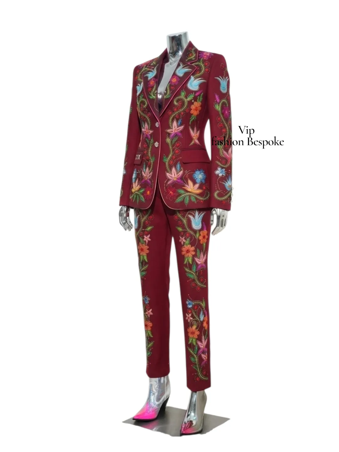 Womens tuxedo trouser 2pc suit luxury Burgundy Floral Embroidered Bespoke 2-Piece Suit