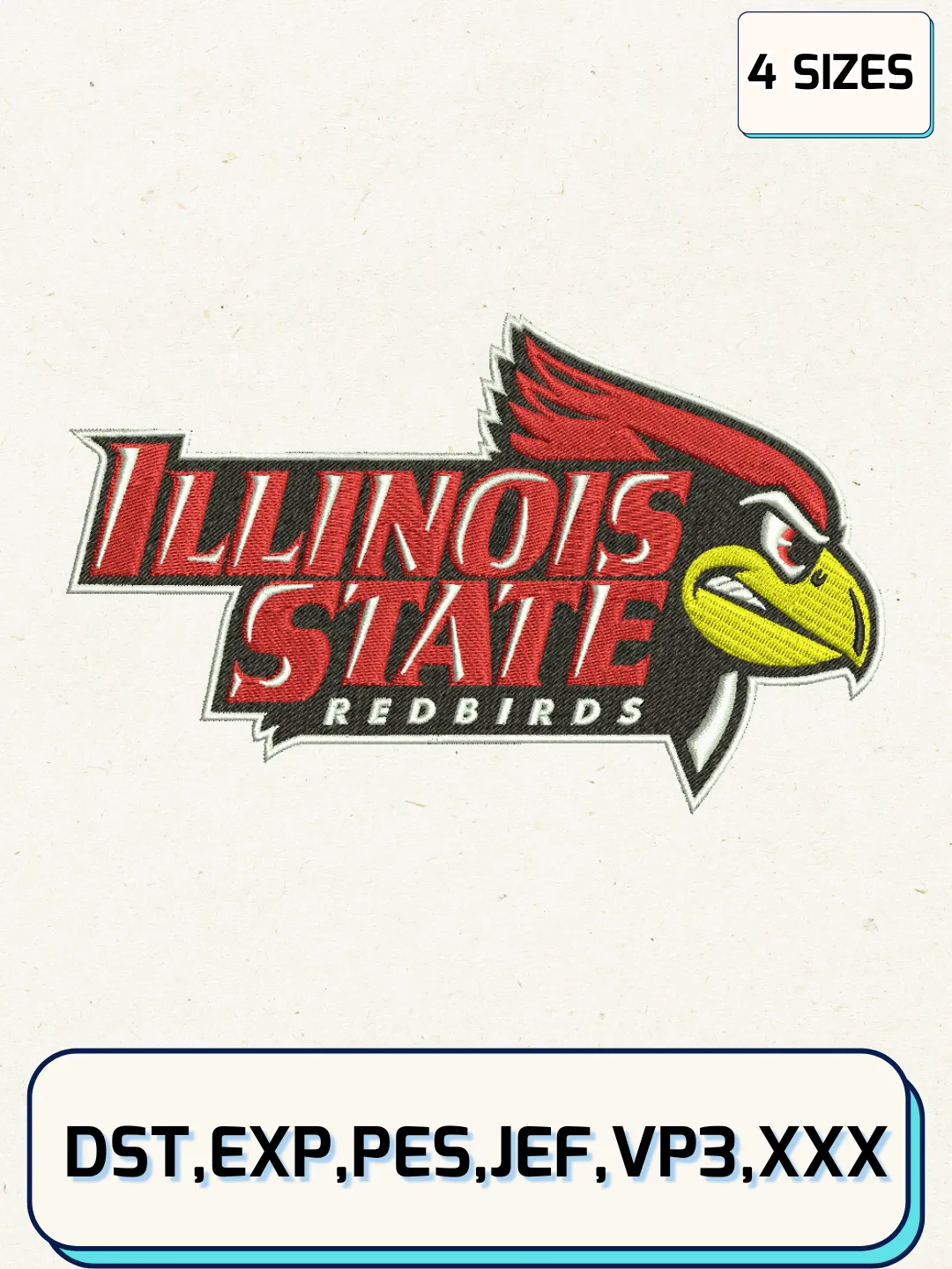 Illinois State Redbirds Logos Embroidery Design Files, NCAA Logos Embroidery Designs, Machine Embroidery Files, 4 Sizes
