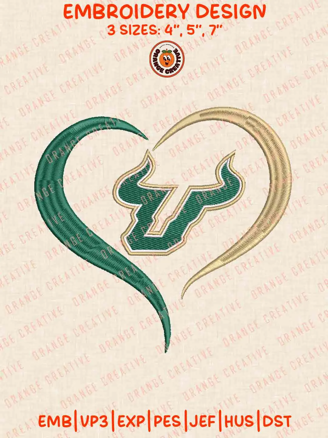 South Florida Bulls Heart Logo Embroidery Design, NCAA South Florida Bulls Team Machine Embroidery Digitized Pes File, 4 Sizes, Custom Size, Instant Download