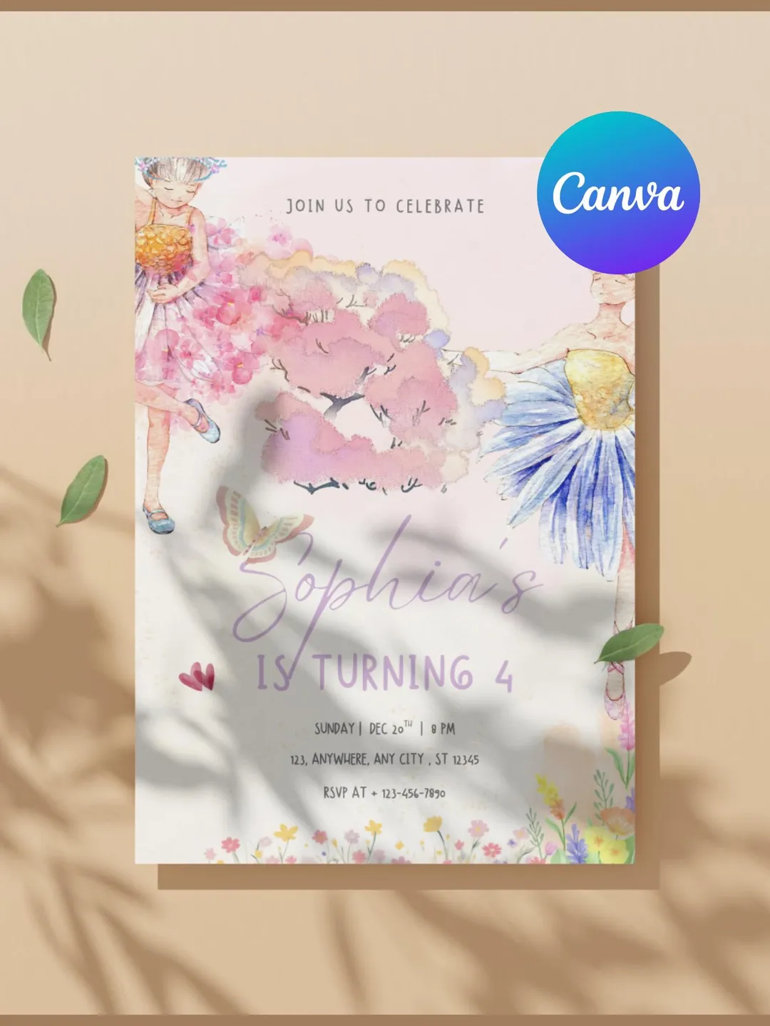 Fairy 1st Birthday Invitation, Whimsical Garden Floral, Editable Canva Template (Digital Printable)