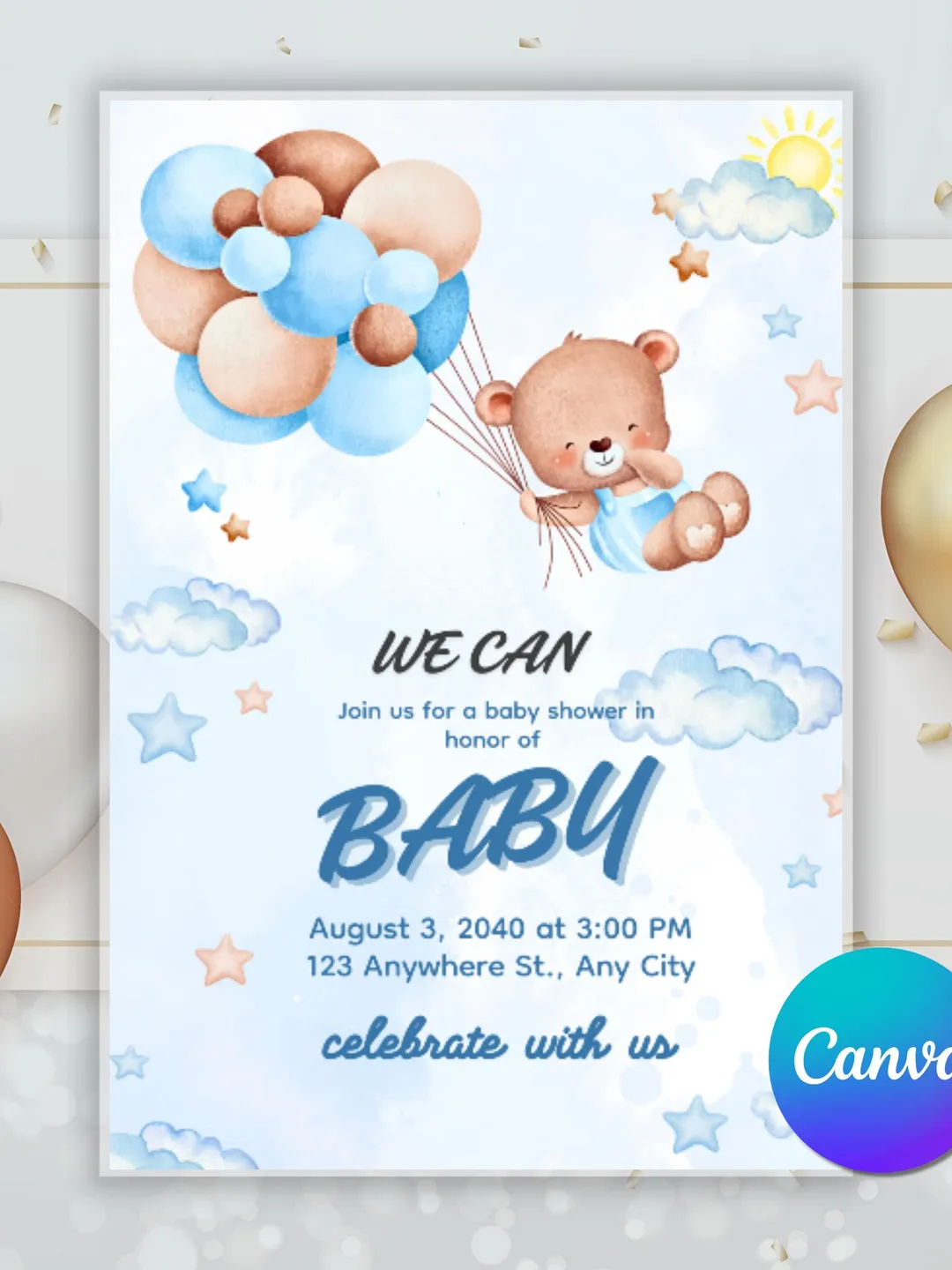 Editable We Can Bearly Wait Baby Shower Invitation Teddy Bear Air ...