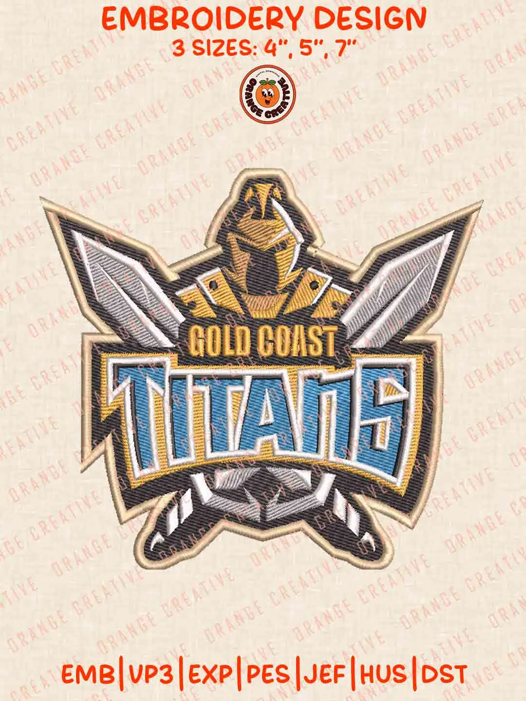 Gold Coast Titans Logos Embroidery Design, NRL Rugby Team Machine Embroidery Digitized Pes File, 4 Sizes, Custom Size, Instant Download