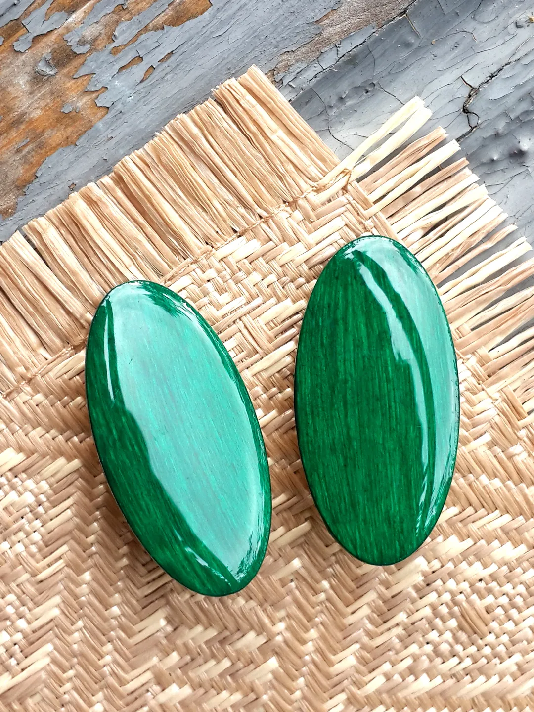 Big Oval Green Wooden Earrings, Lightweight bohemian studs