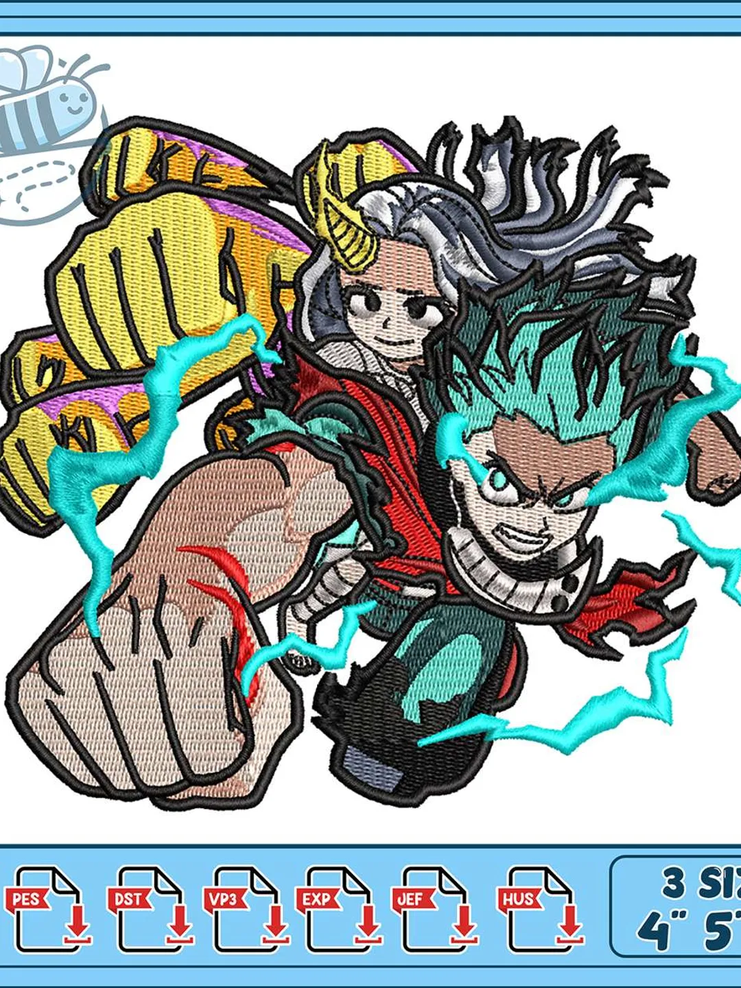 Deku And Eri Chibi Punch Embroidery Design, My Hero Academia Machine Embroidery File, Anime Action Lightning Embroidery Pattern