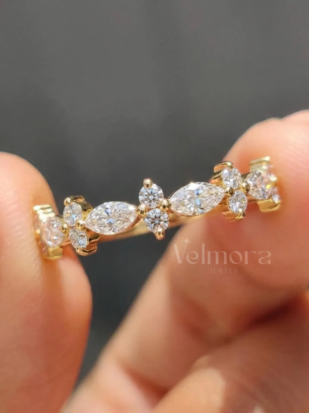 Marquise and Round Floral Wedding Band, Dainty Moissanite Stacking Ring