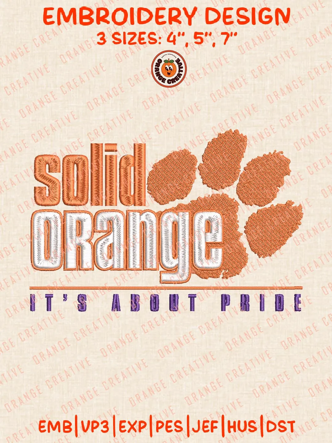NCAA Solid Orange Embroidery Design, NCAA Clemson Tigers Team Logo Embroidery Design, Machine Embroidery Design File, 4 Sizes, Custom Size, Digital Download
